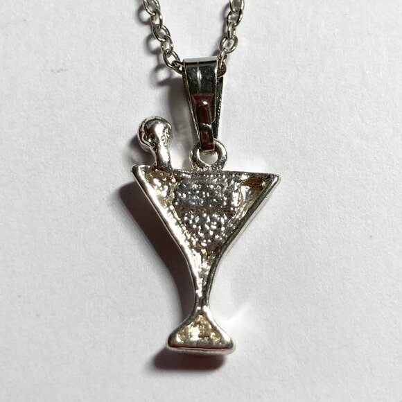Martini Cocktail Drink Cup Glass Charm Necklace Pendant Pink Enamel 18" Chain - Picture 6 of 9